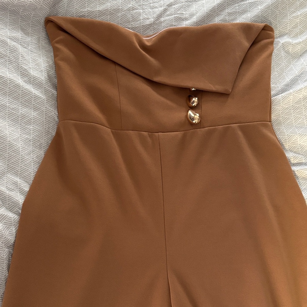 Elegant Brown Strapless Jumpsuit with gold buttons. New with Tags